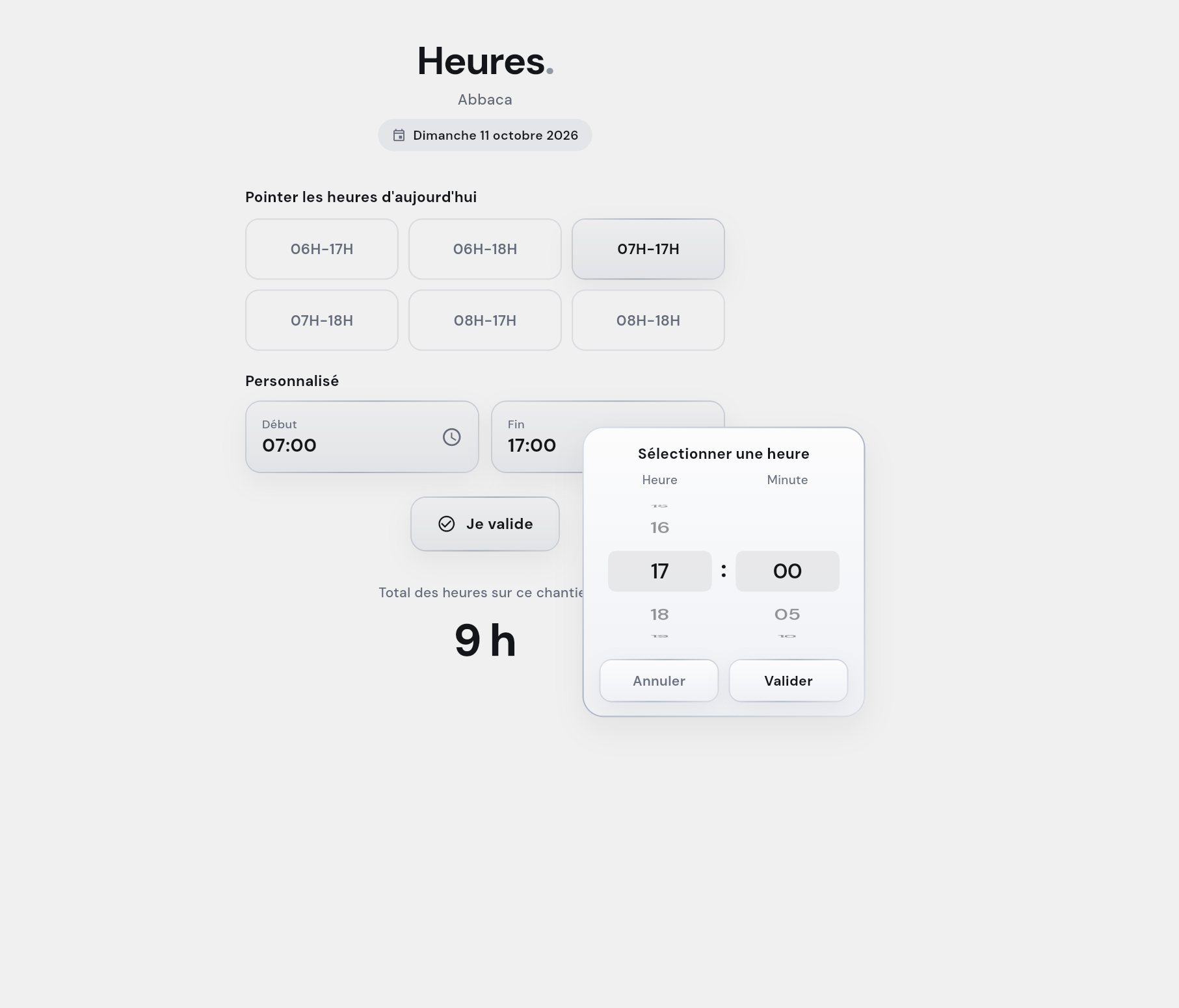 Pointage des heures avec horaires prédéfinis et sélection personnalisée