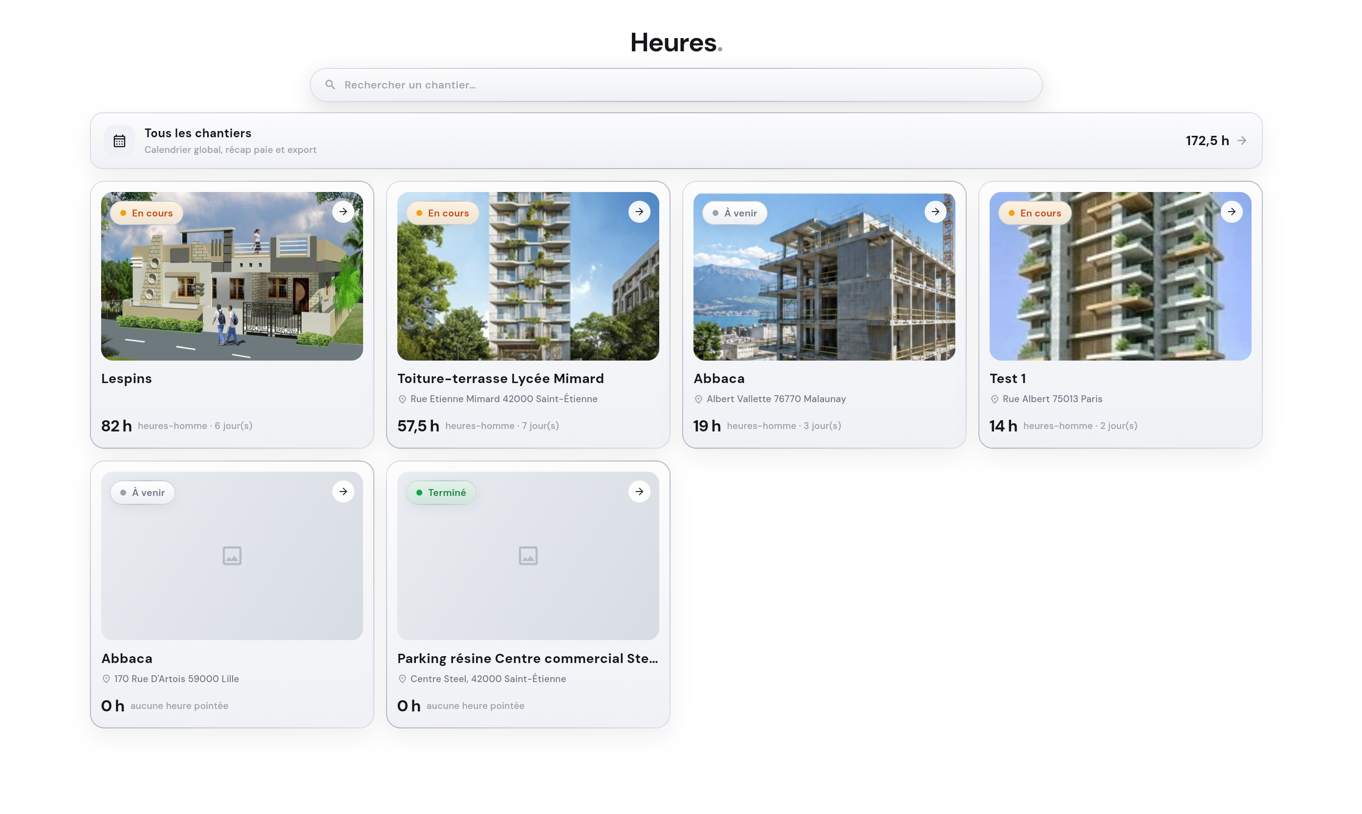 Deux fiches chantier avec leurs totaux d’heures